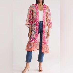 Vince Camuto Mixed Print Colorblock Floral Kimono with Ruffle Hem Duster